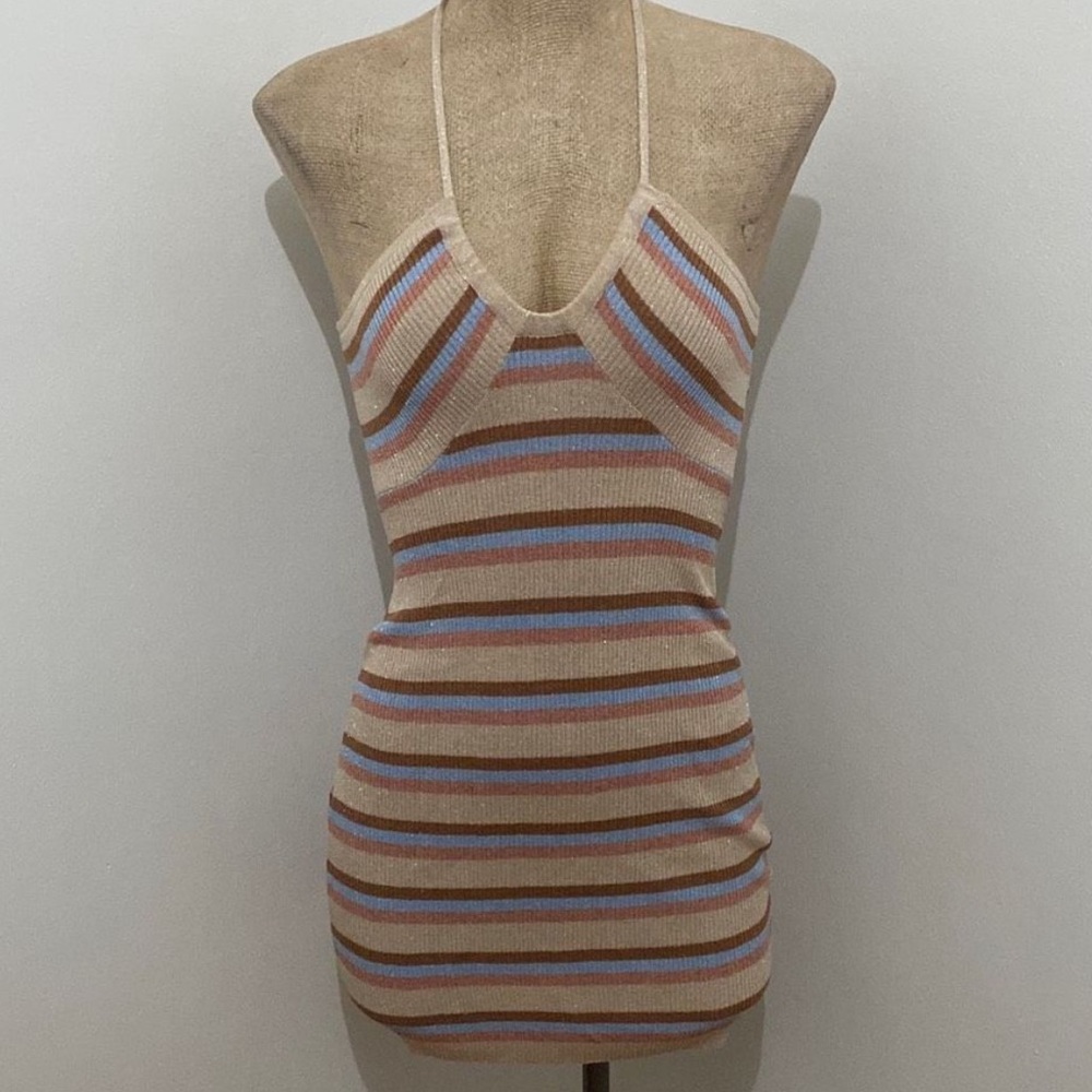Princess Polly | Monica Striped Beige Ribbed Halter Neck Bodycon Dress